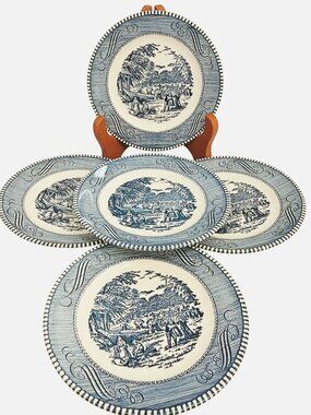 5 Currier Ives Blue Harvest Bread Plate 5.75" dessert Royal USA transferware iro